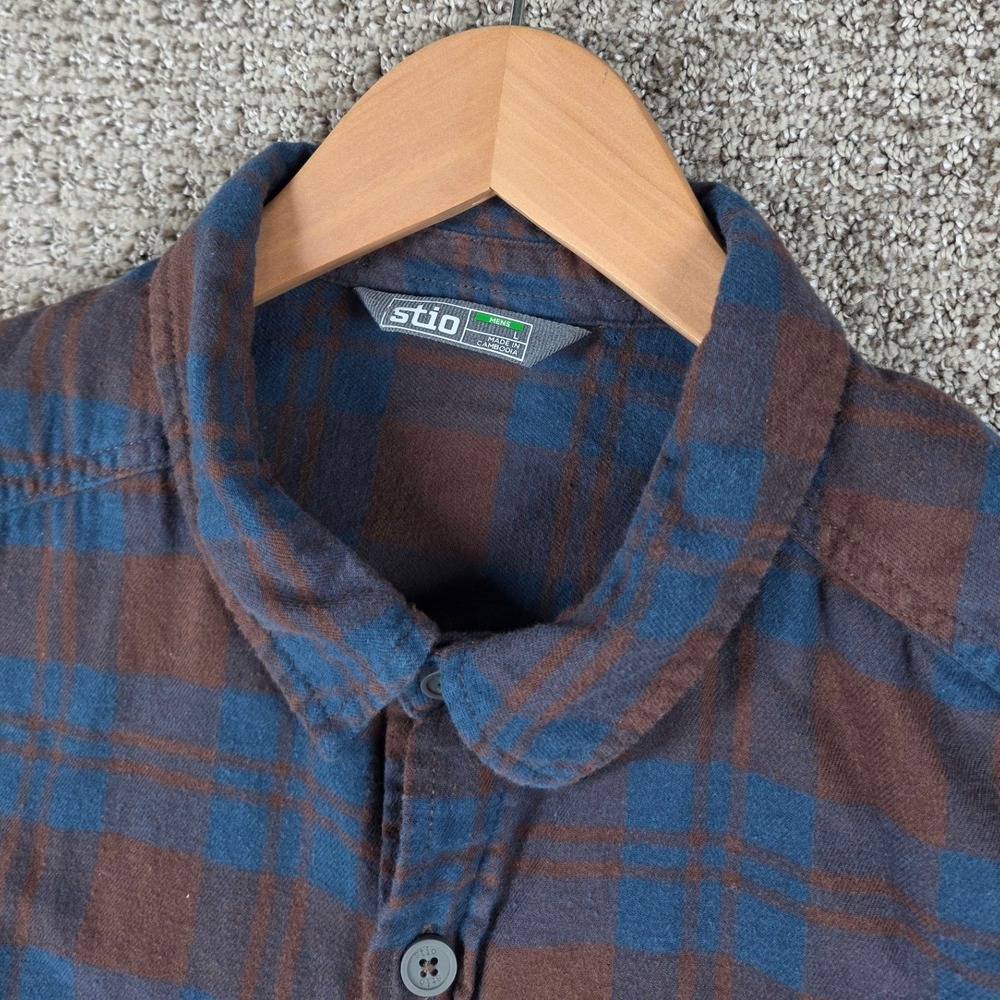Stio Miter Lightweight Flannel Mens Large Brown Blue Plaid Long Sleeve Shirt - Picture 2 of 6